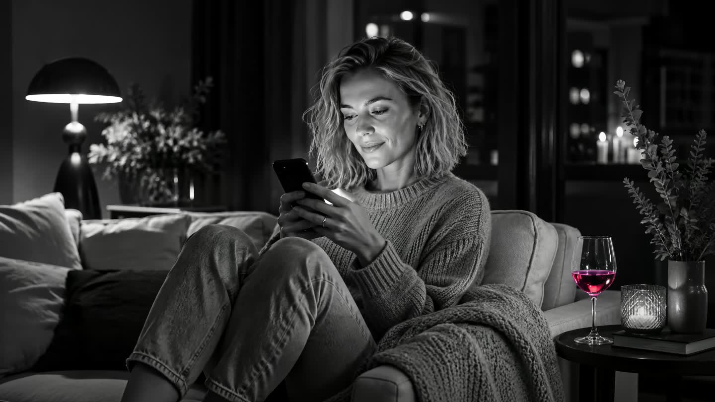 Emma entspannt abends auf dem Sofa mit ihrem Handy, Schwarzweiß, das Weinglas leuchtet magenta