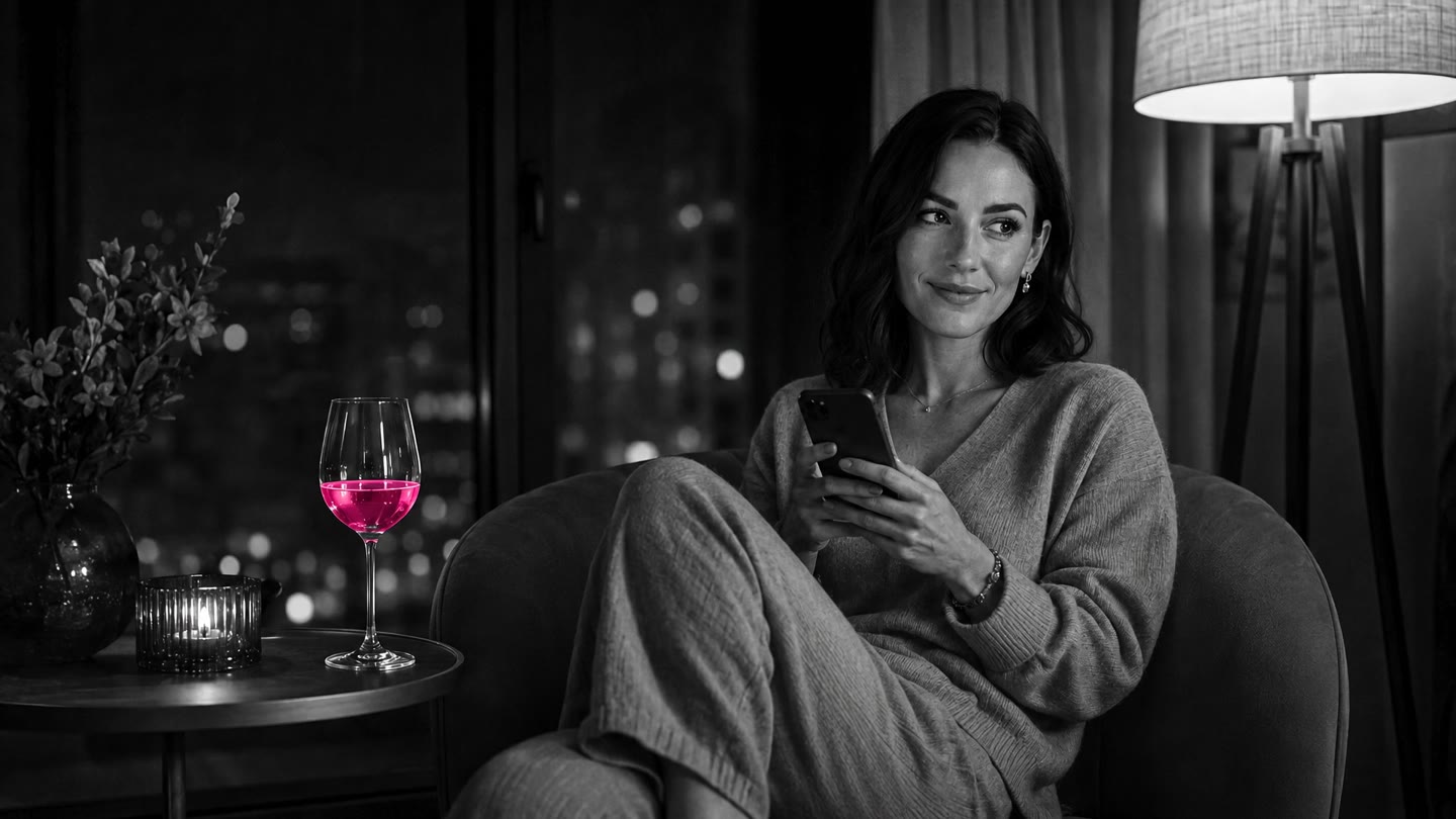 Emma relajada en el sofá por la noche con su móvil, en blanco y negro, la copa de vino brilla en magenta