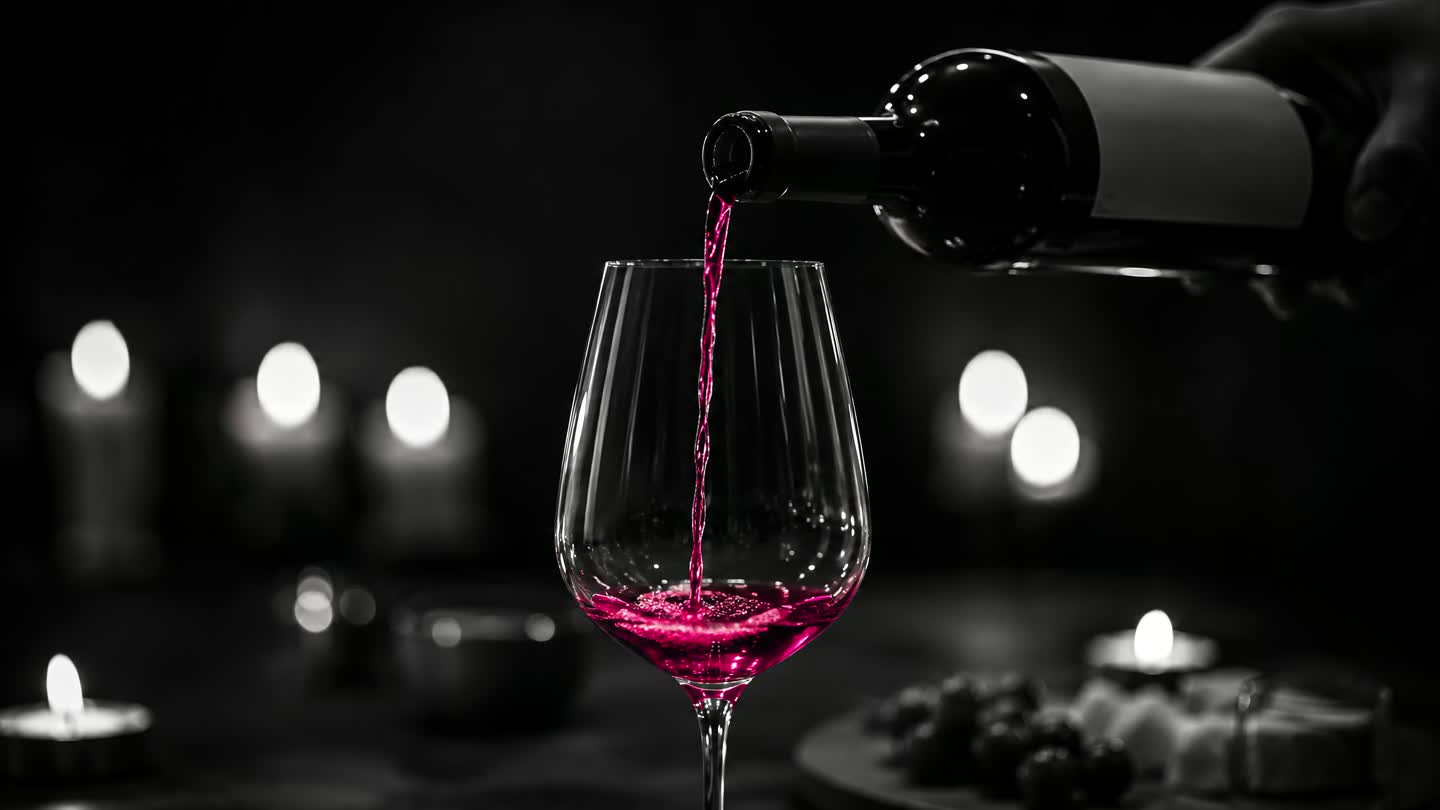 Wein wird in Zeitlupe ins Glas geschenkt, Schwarzweiß, der Wein leuchtet magenta