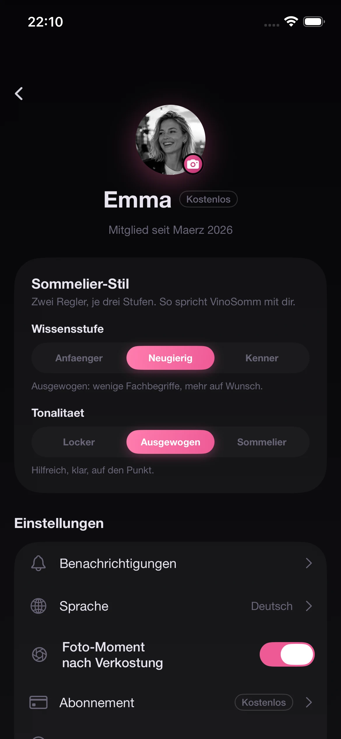 Sommelier-Stil einstellen: Tonalität und Wissensniveau