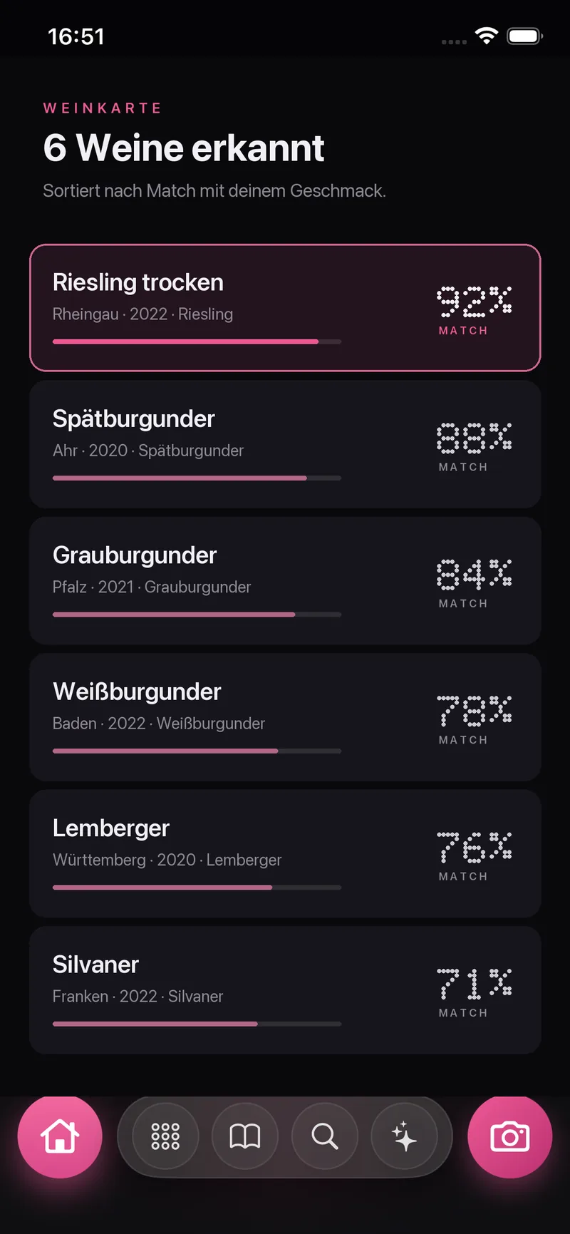 Ergebnisliste: sechs erkannte Weine der Karte, jeder mit eigenem Match-Wert