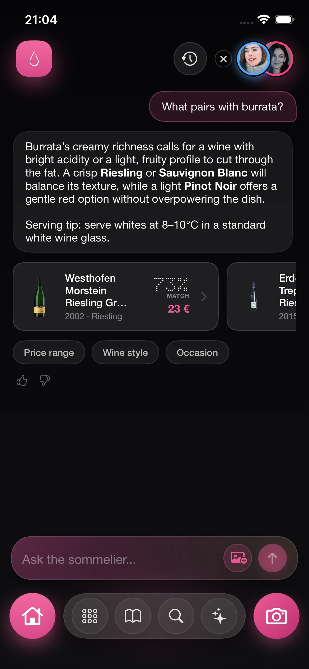 VinoSomm App: Chat del sommelier
