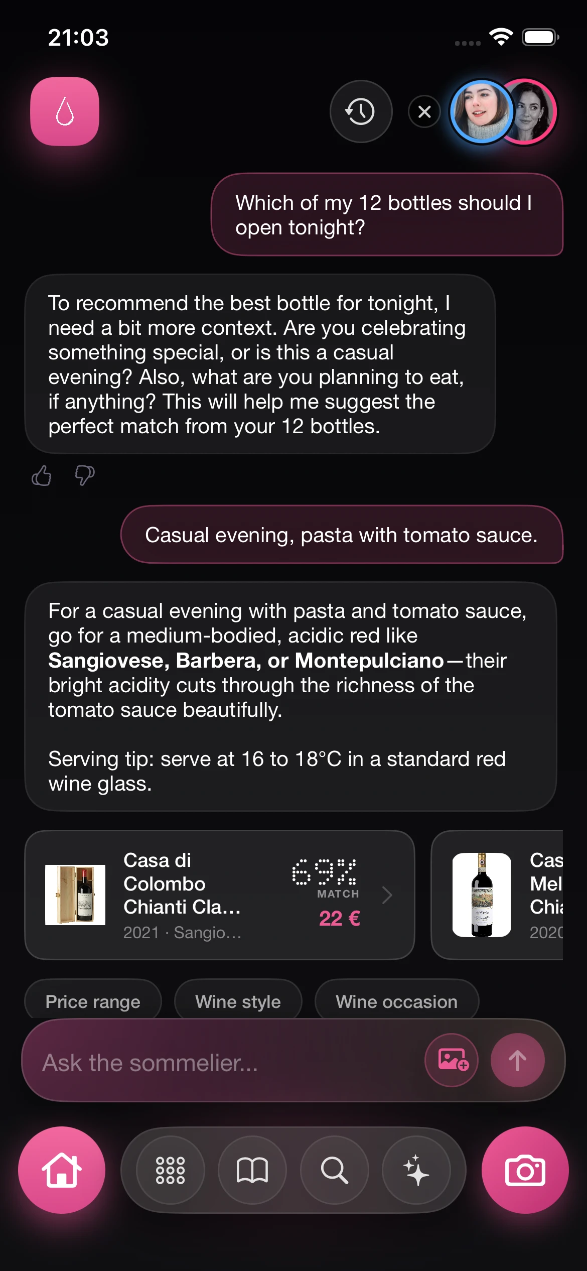 Chat del sumiller: una pregunta sobre burrata, una respuesta con una recomendación de Riesling y fichas de vino con porcentajes de afinidad