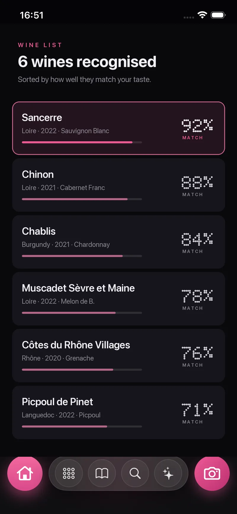 Result list: six wines recognised on the list, each with its own match score