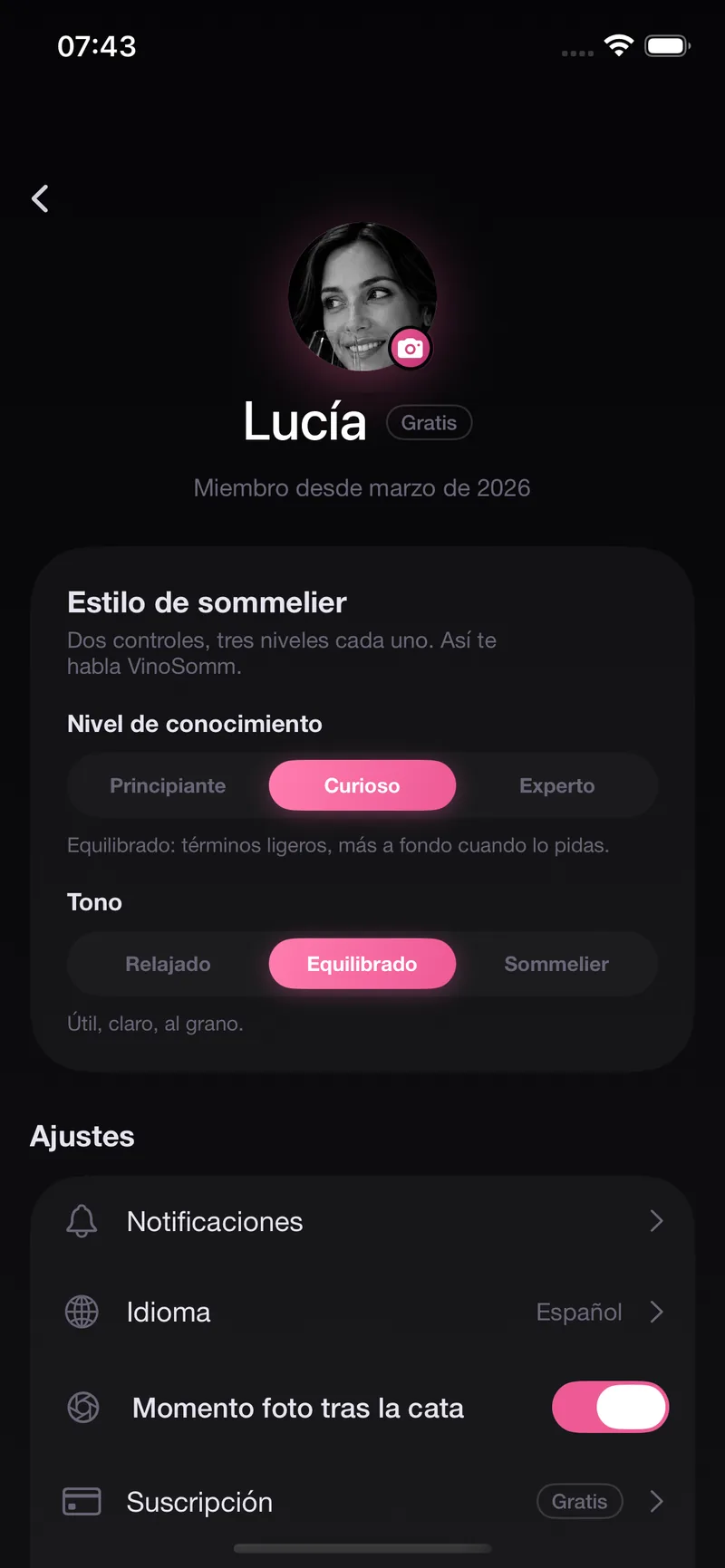 Ajusta el estilo del sommelier: tono y nivel de detalle