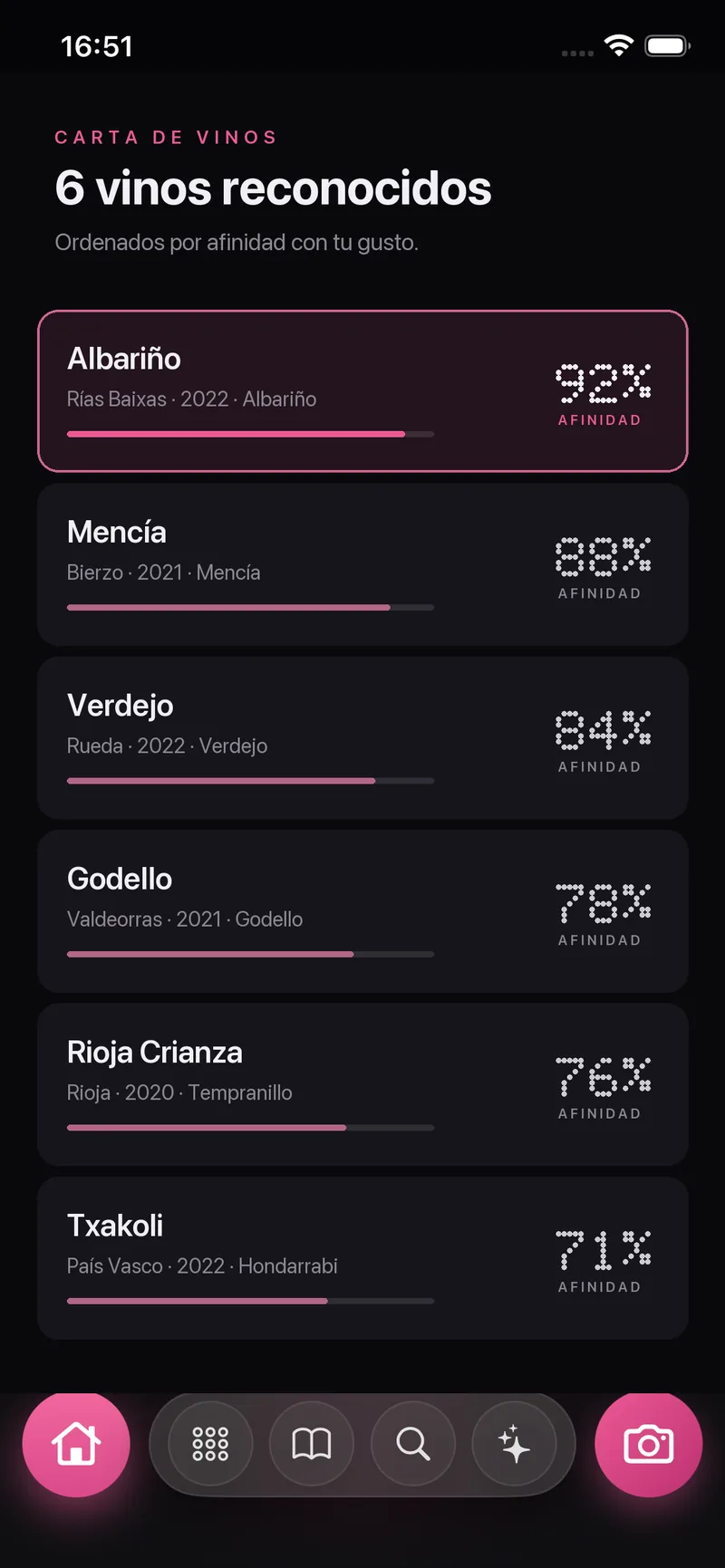 Lista de resultados: seis vinos reconocidos en la carta, cada uno con su afinidad