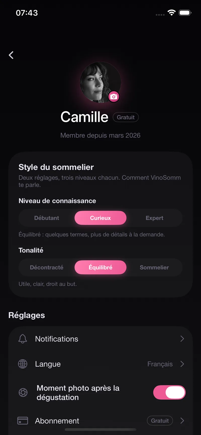 Réglez le style du sommelier : ton et niveau d'expertise