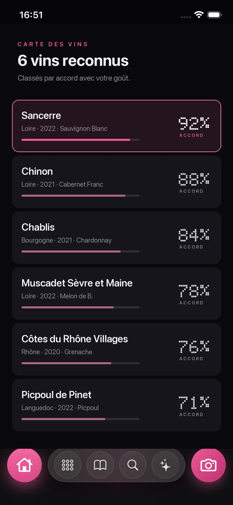 Liste des résultats : six vins reconnus sur la carte, chacun avec son indice d'accord