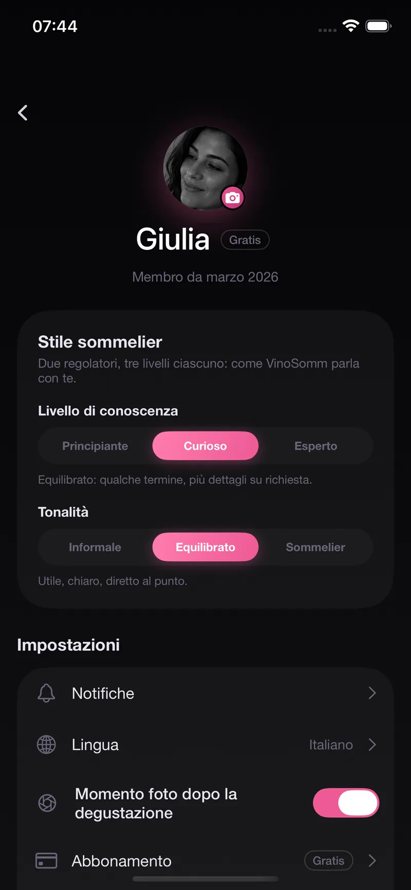 Imposta lo stile del sommelier: tono e livello di competenza