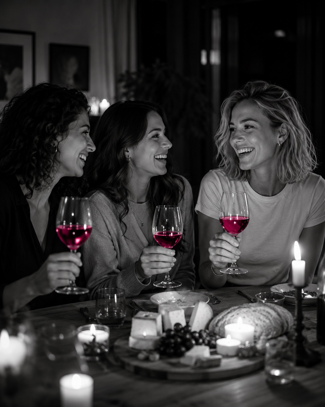 Emma und ihre zwei Freundinnen lachen abends bei Kerzenlicht, Käseplatte und magenta leuchtende Weingläser, Schwarzweiß