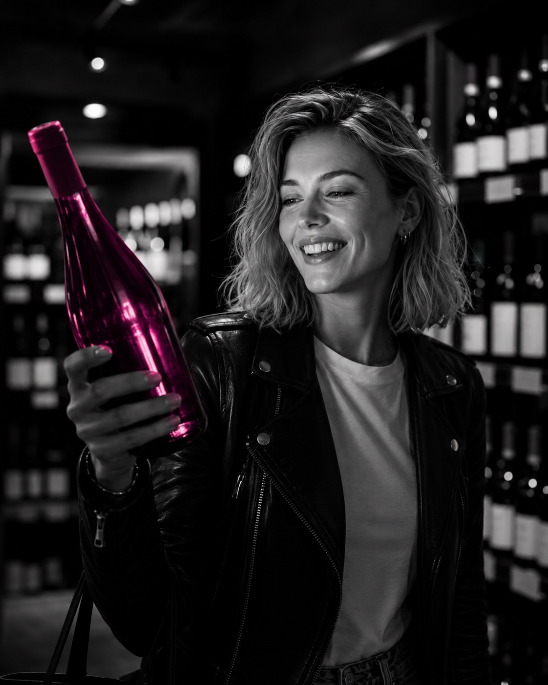 Emma hält lächelnd eine magenta leuchtende Weinflasche im Weinladen, Schwarzweiß