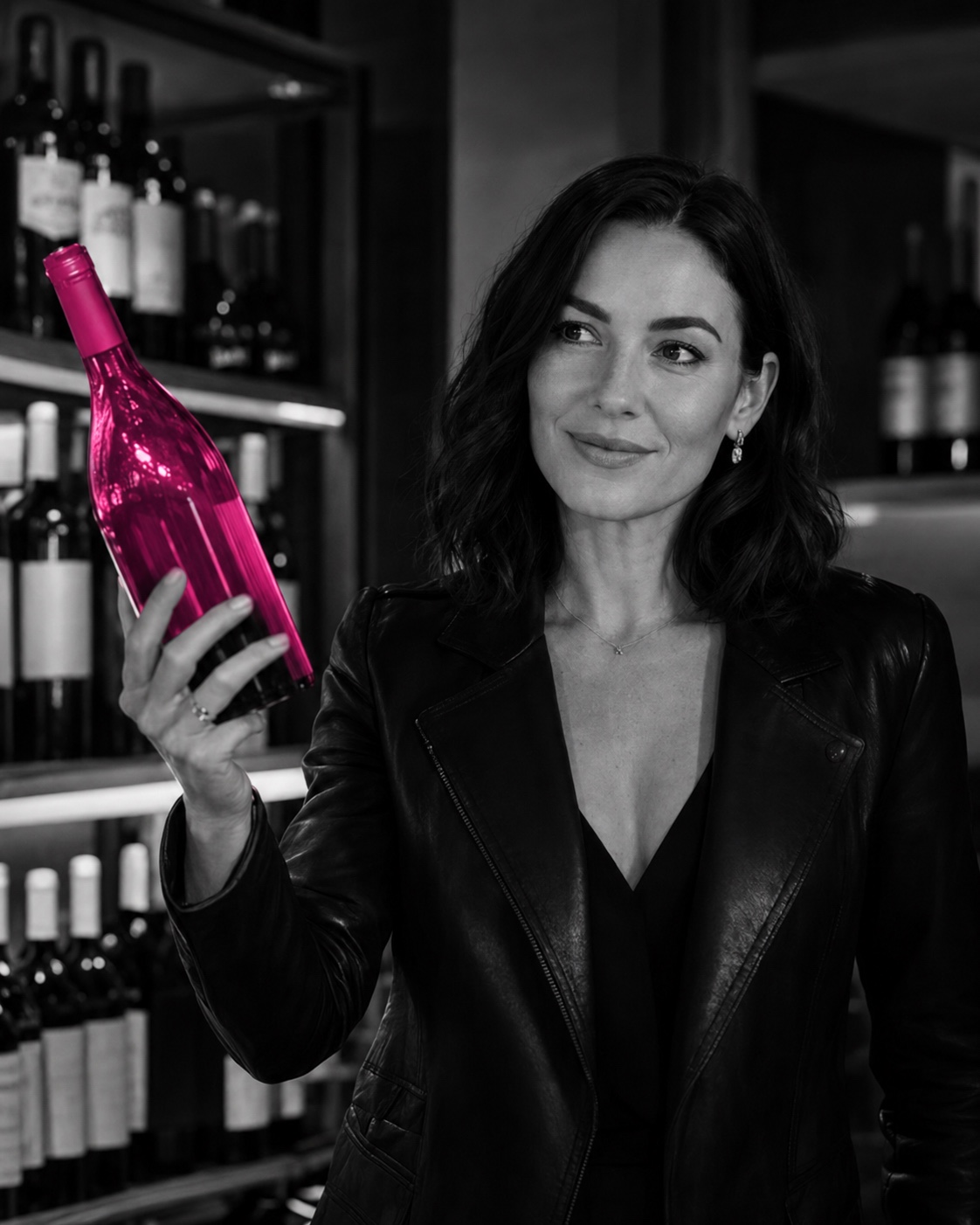 Emma sonríe mientras sostiene una botella que brilla en magenta en la vinoteca, en blanco y negro
