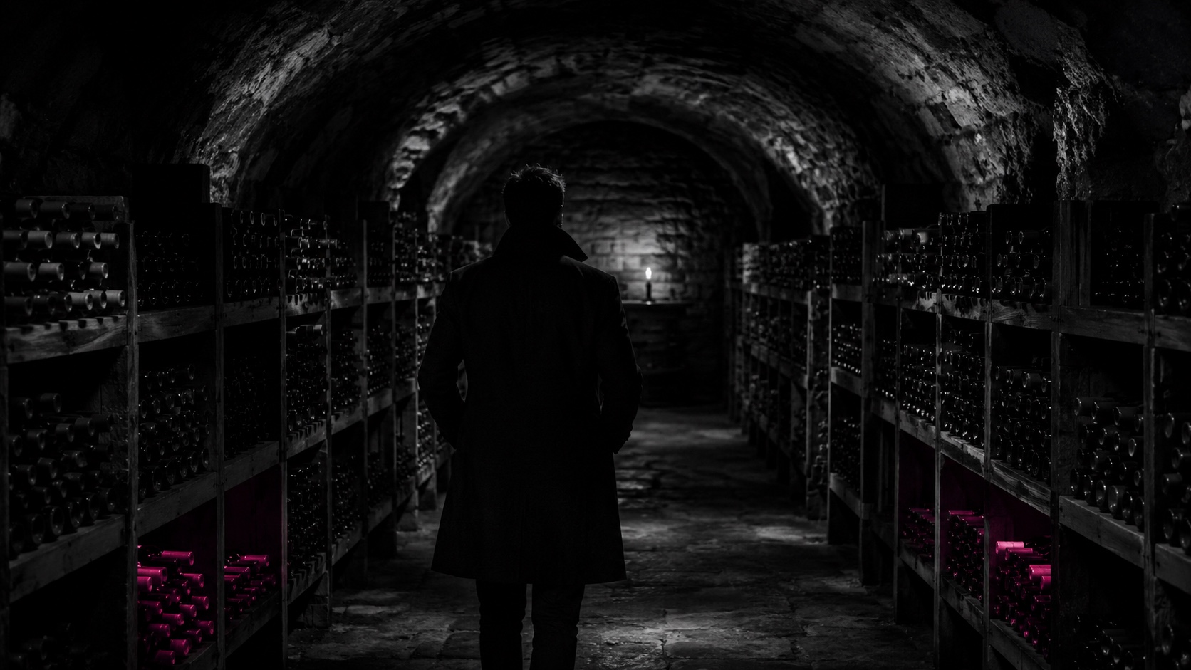Man stepping into a dark cellar with a stone vault, black and white, one bottle glows magenta