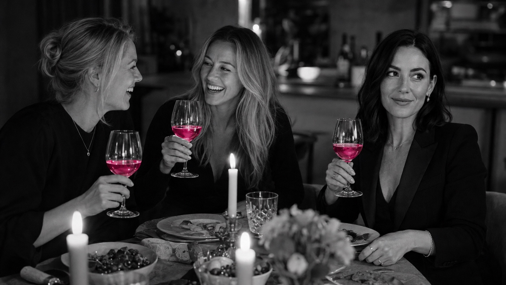 Tres amigos cenando en casa, Emma a la derecha, velas y copas de vino que brillan en magenta, en blanco y negro