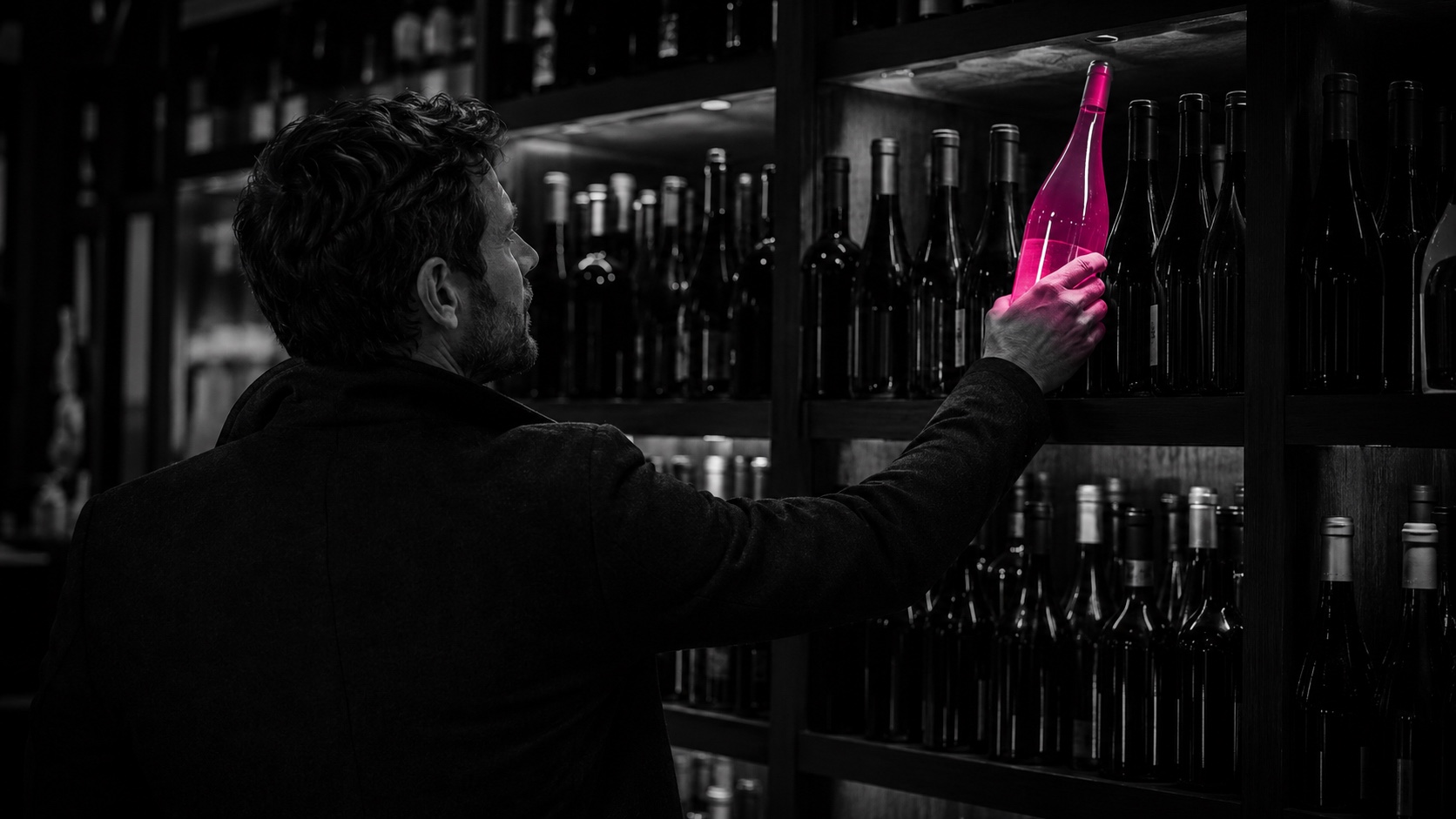 Un hombre alcanza una botella que brilla en magenta en una vinoteca en penumbra, en blanco y negro