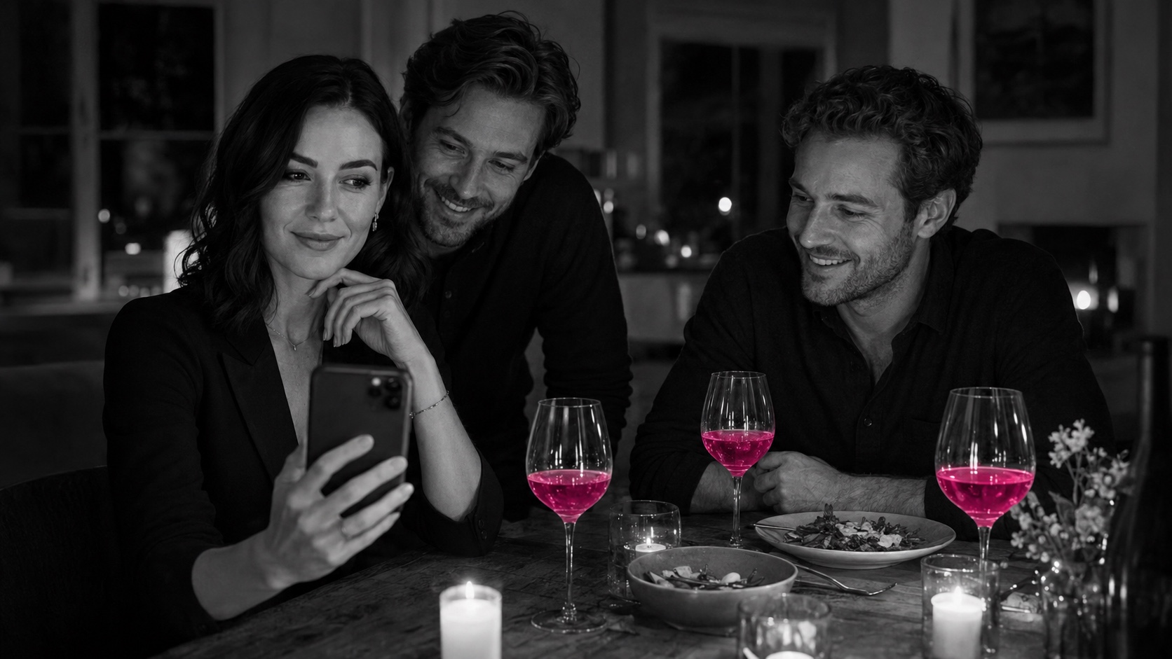 Emma showing a friend something on her phone, black and white, the wine glasses glow magenta