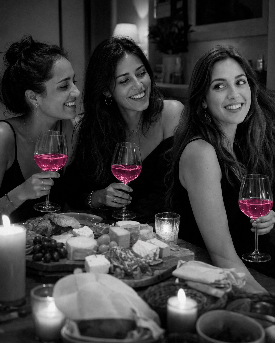 Lucía y sus dos amigas riendo a la luz de las velas por la noche, tabla de quesos y copas de vino que brillan en magenta, en blanco y negro