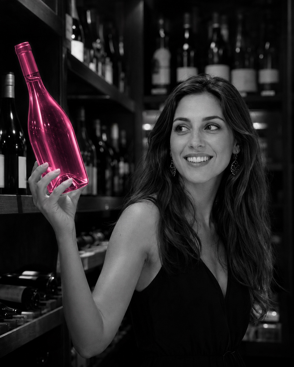 Lucía sonríe mientras sostiene una botella que brilla en magenta en la vinoteca, en blanco y negro