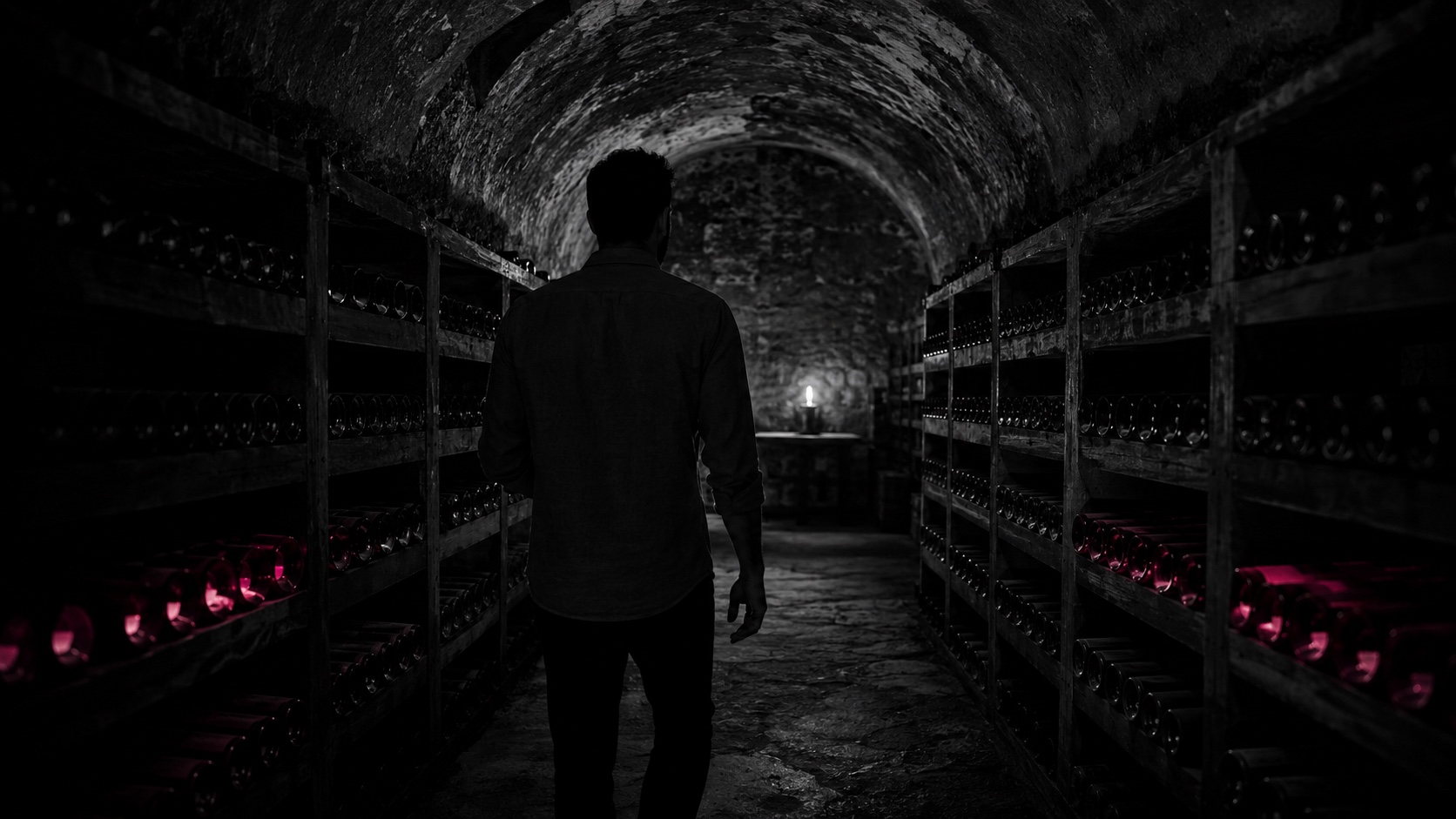 Una bodega a oscuras con bóveda de piedra, blanco y negro
