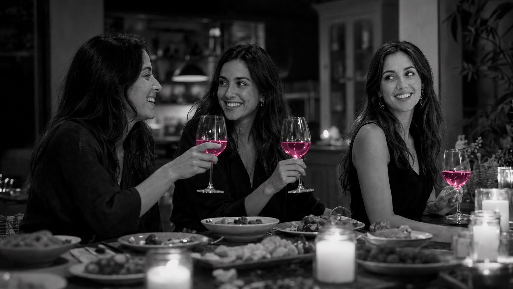 Tres amigos cenando en casa, Lucía a la derecha, velas y copas de vino que brillan en magenta, en blanco y negro