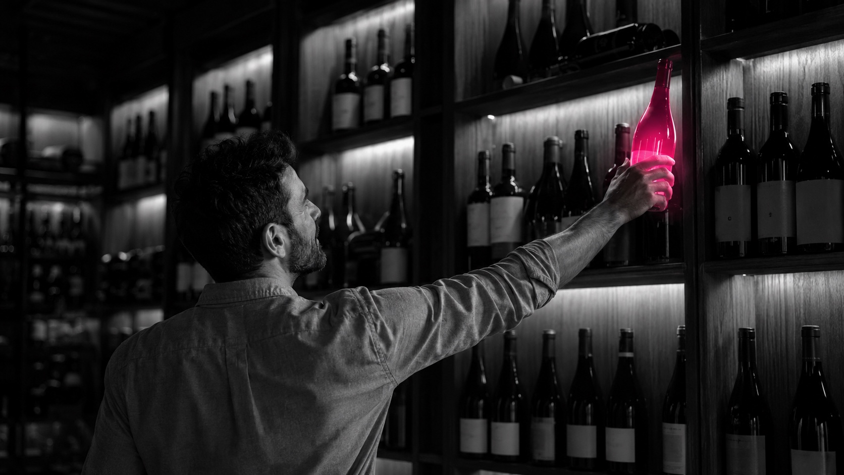 Un hombre alcanza una botella que brilla en magenta en una vinoteca en penumbra, en blanco y negro