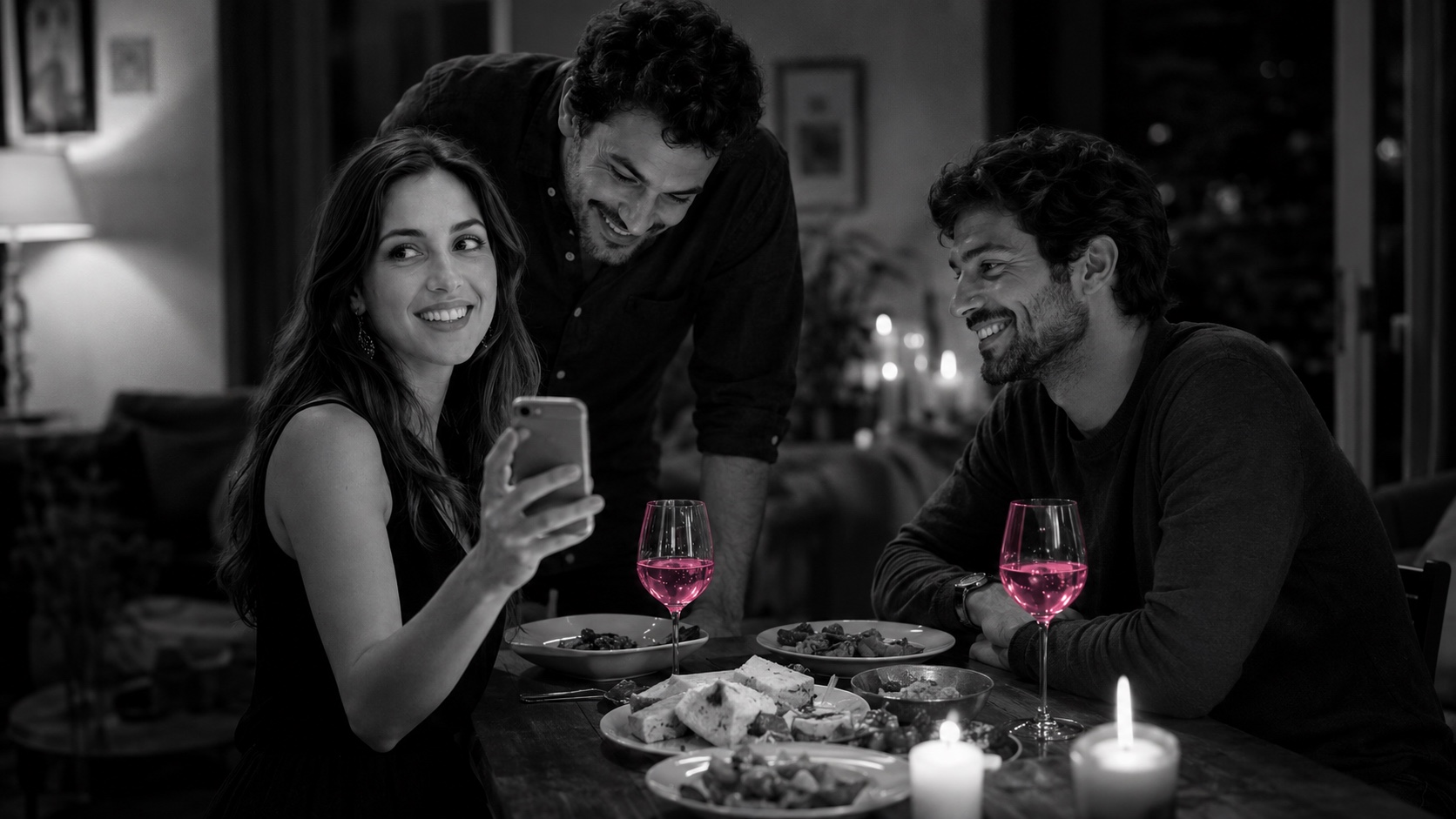 Lucía le enseña algo a una amiga en su móvil, en blanco y negro, las copas de vino brillan en magenta