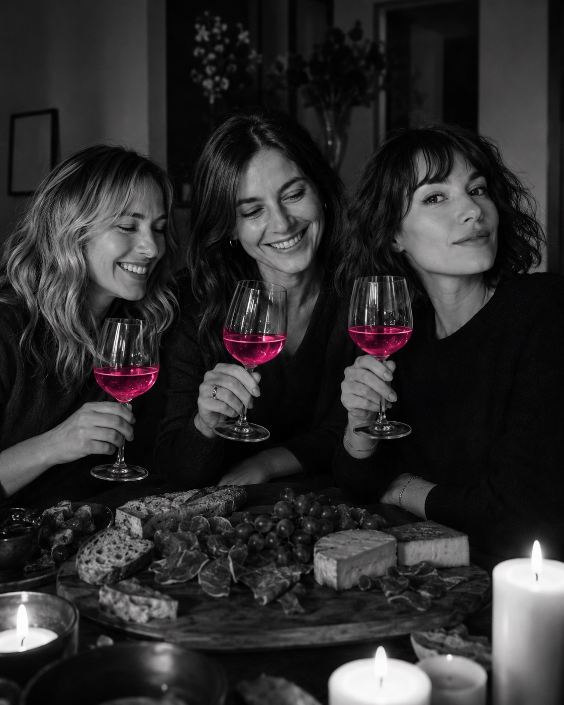 Emma et ses deux amies rient à la lueur des bougies le soir, plateau de fromages et verres de vin illuminés de magenta, en noir et blanc