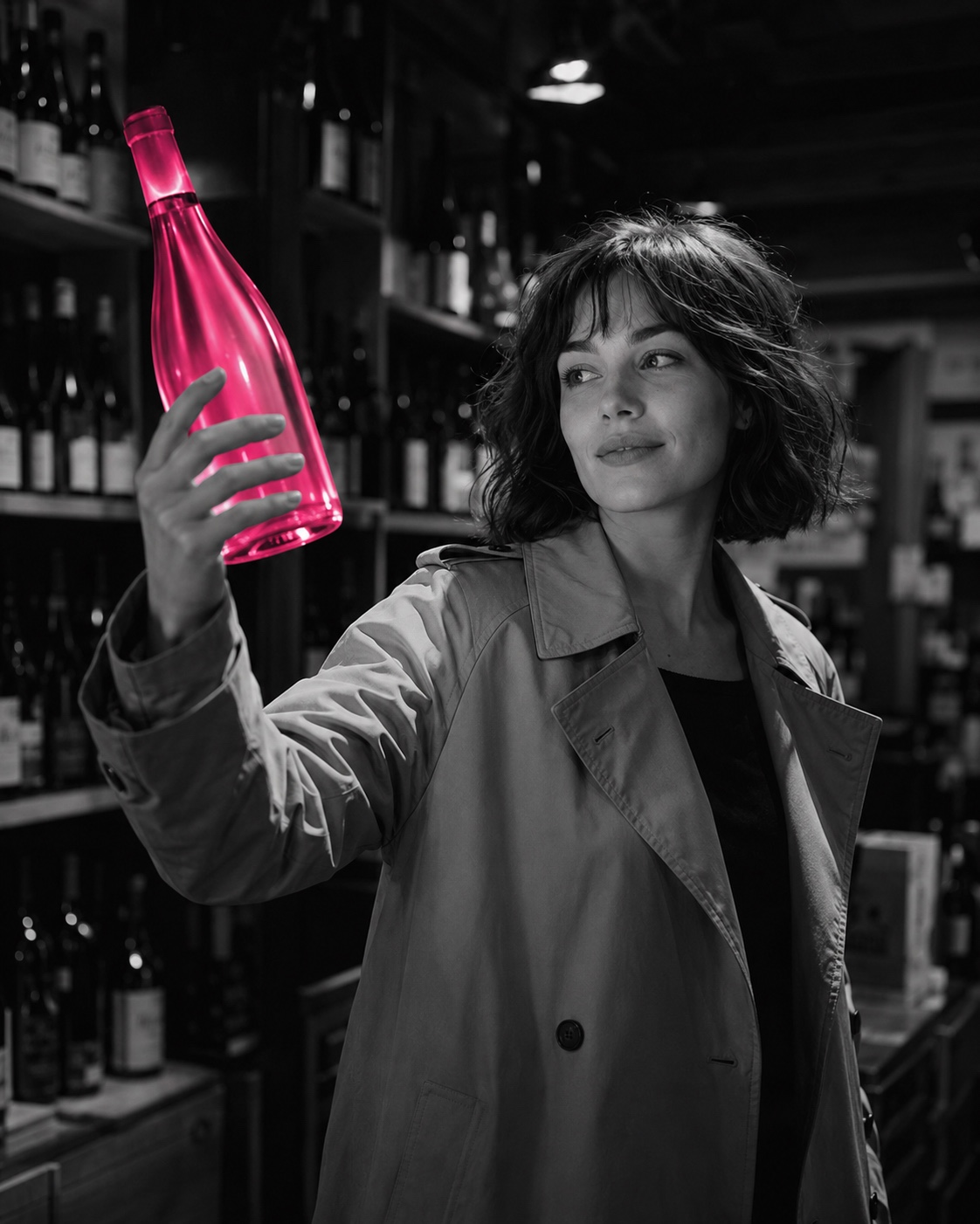 Emma sourit en tenant une bouteille illuminée de magenta dans la cave à vin, en noir et blanc