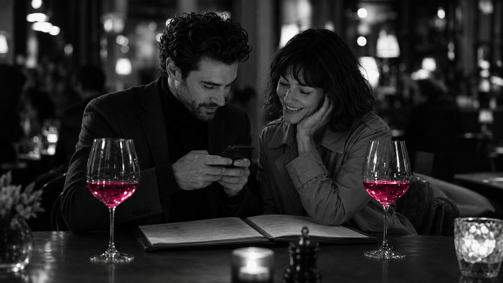 Il photographie la carte des vins avec son téléphone, le vin luisant de magenta