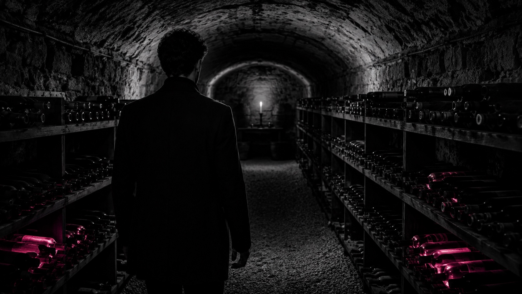 Un homme entre dans une cave sombre à la voûte de pierre, en noir et blanc, une bouteille rayonne de magenta