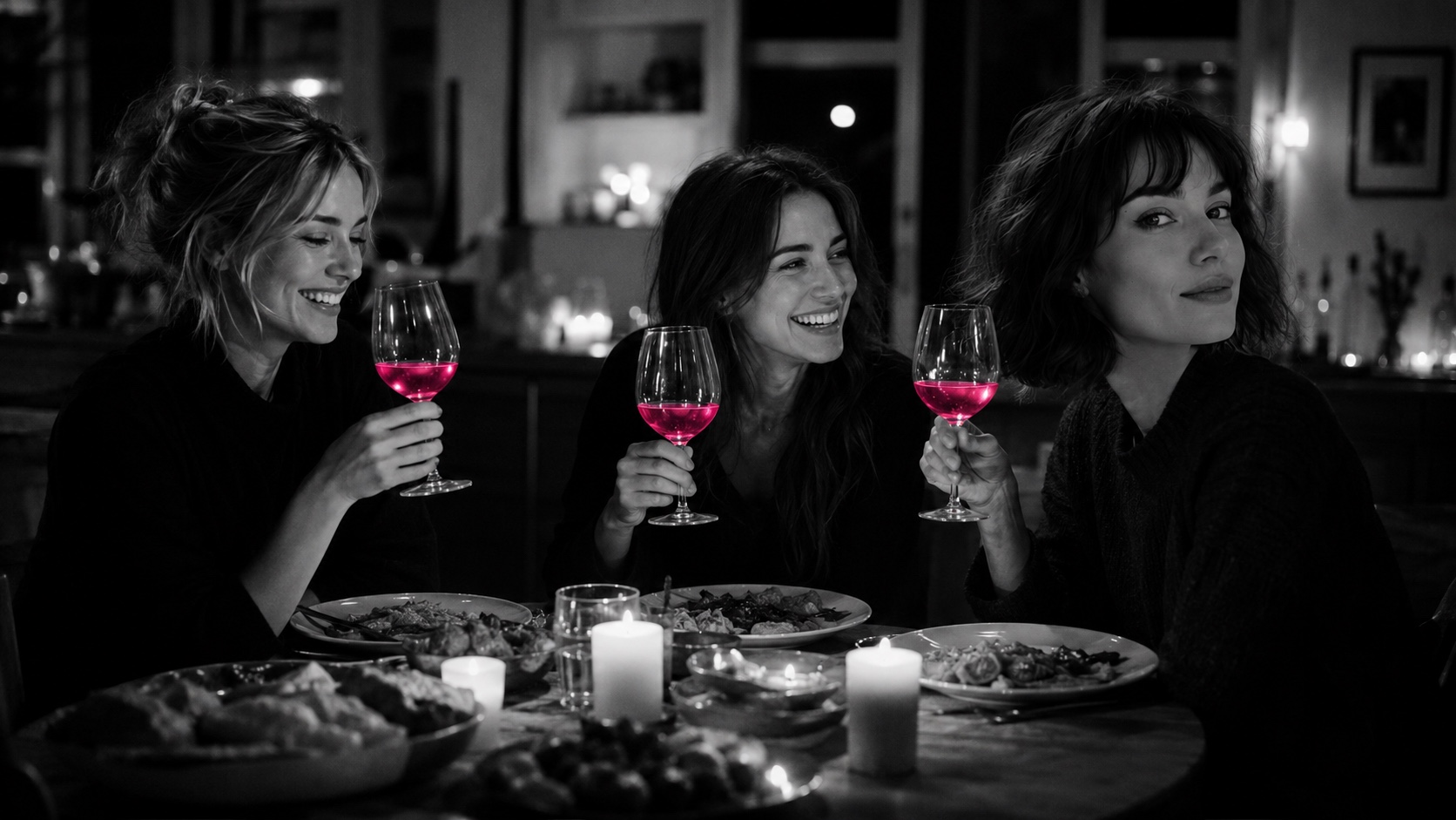 Trois amis à dîner à la maison, Emma à droite, des bougies et des verres de vin illuminés de magenta, en noir et blanc