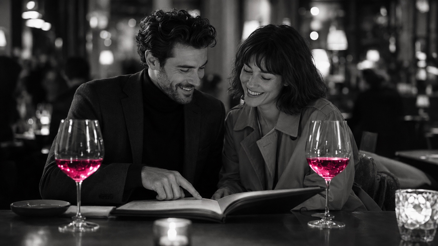 Emma et son compagnon au restaurant, en noir et blanc