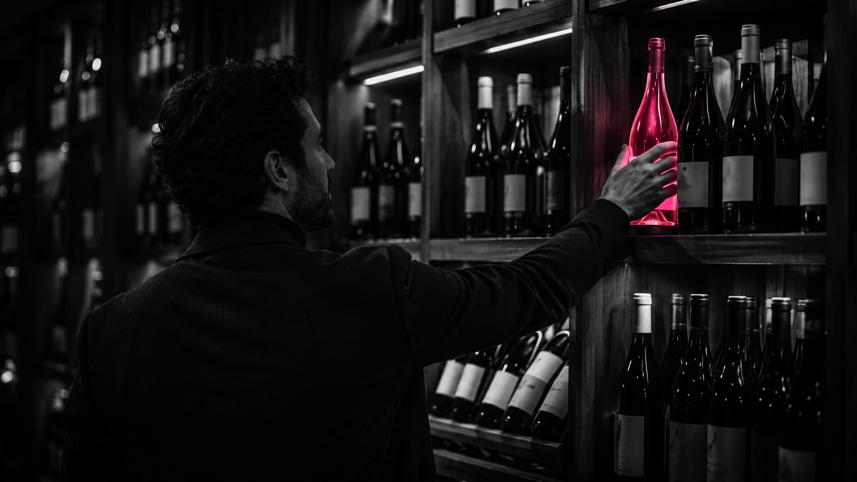 Un homme saisit une bouteille aux reflets magenta dans une cave à vin sombre, en noir et blanc