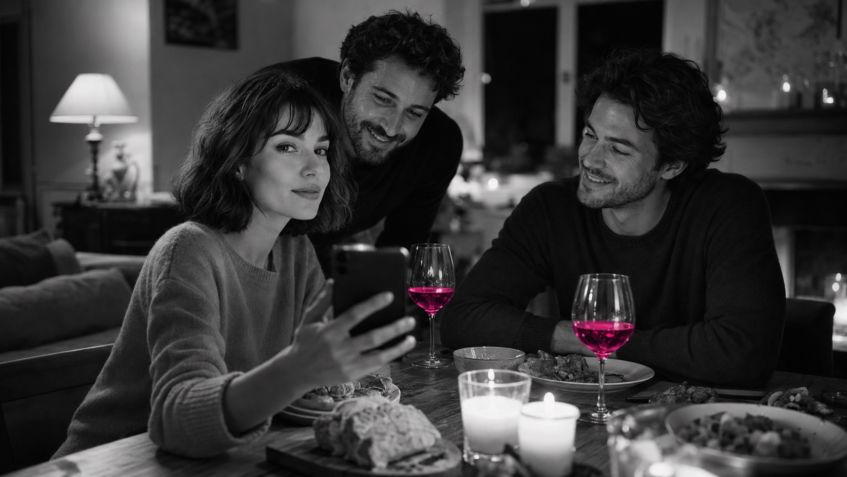 Emma montre quelque chose sur son téléphone à une amie, en noir et blanc, les verres de vin rayonnent de magenta