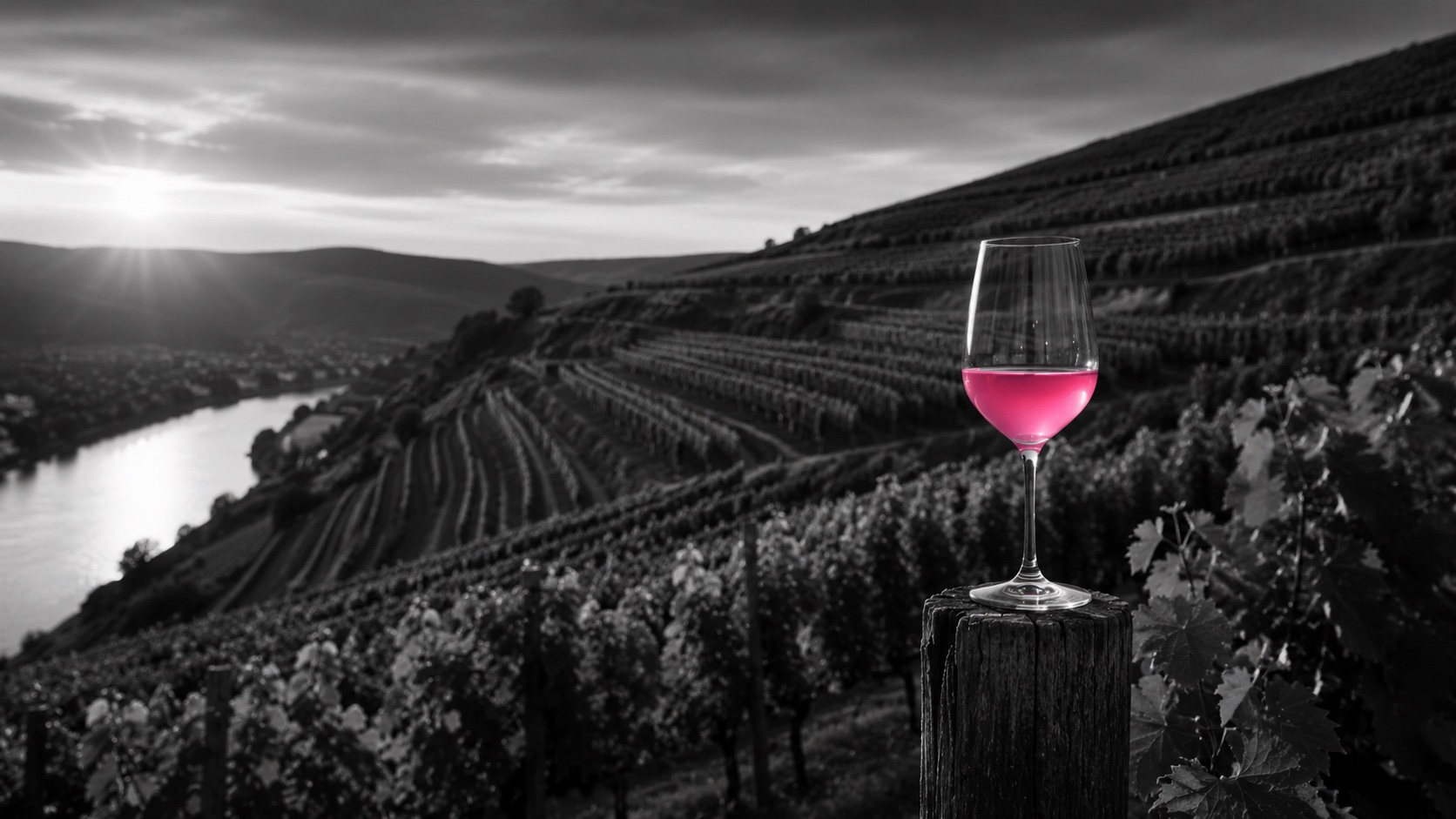 Weinberg mit Grauburgunder-Reben in der Abendsonne, Schwarzweiß, ein Glas Wein leuchtet magenta