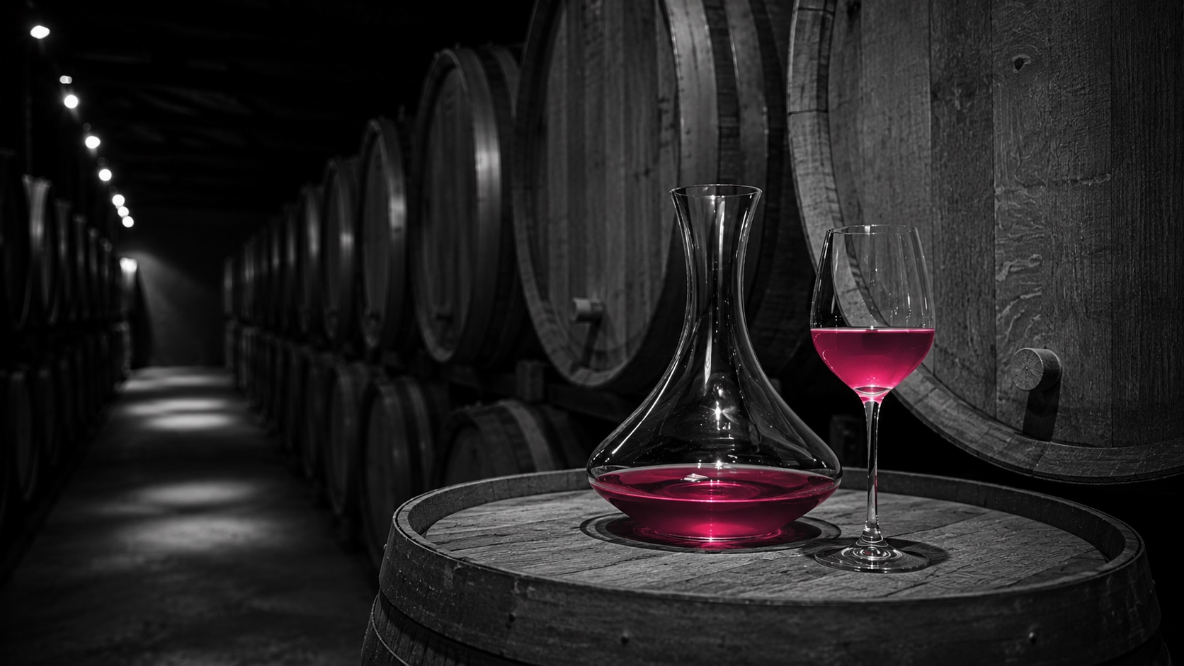 Rotweinglas auf einem Fass im kerzenbeleuchteten Gewölbekeller, Schwarzweiß, der Wein leuchtet magenta
