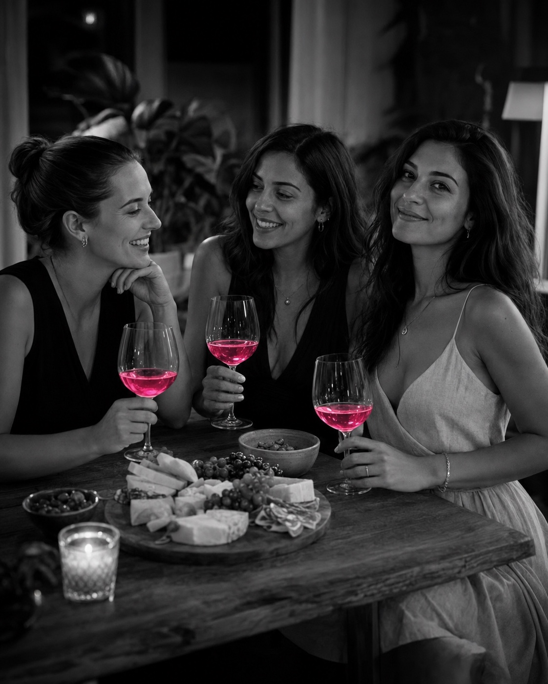 Giulia e le sue due amiche ridono a lume di candela la sera, tagliere di formaggi e calici di vino che brillano di magenta, in bianco e nero