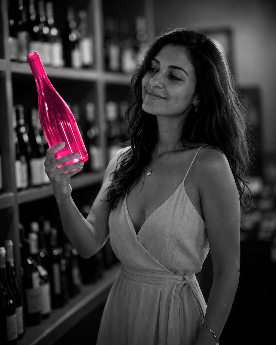 Giulia sorride mentre tiene in mano una bottiglia che brilla di magenta in enoteca, in bianco e nero