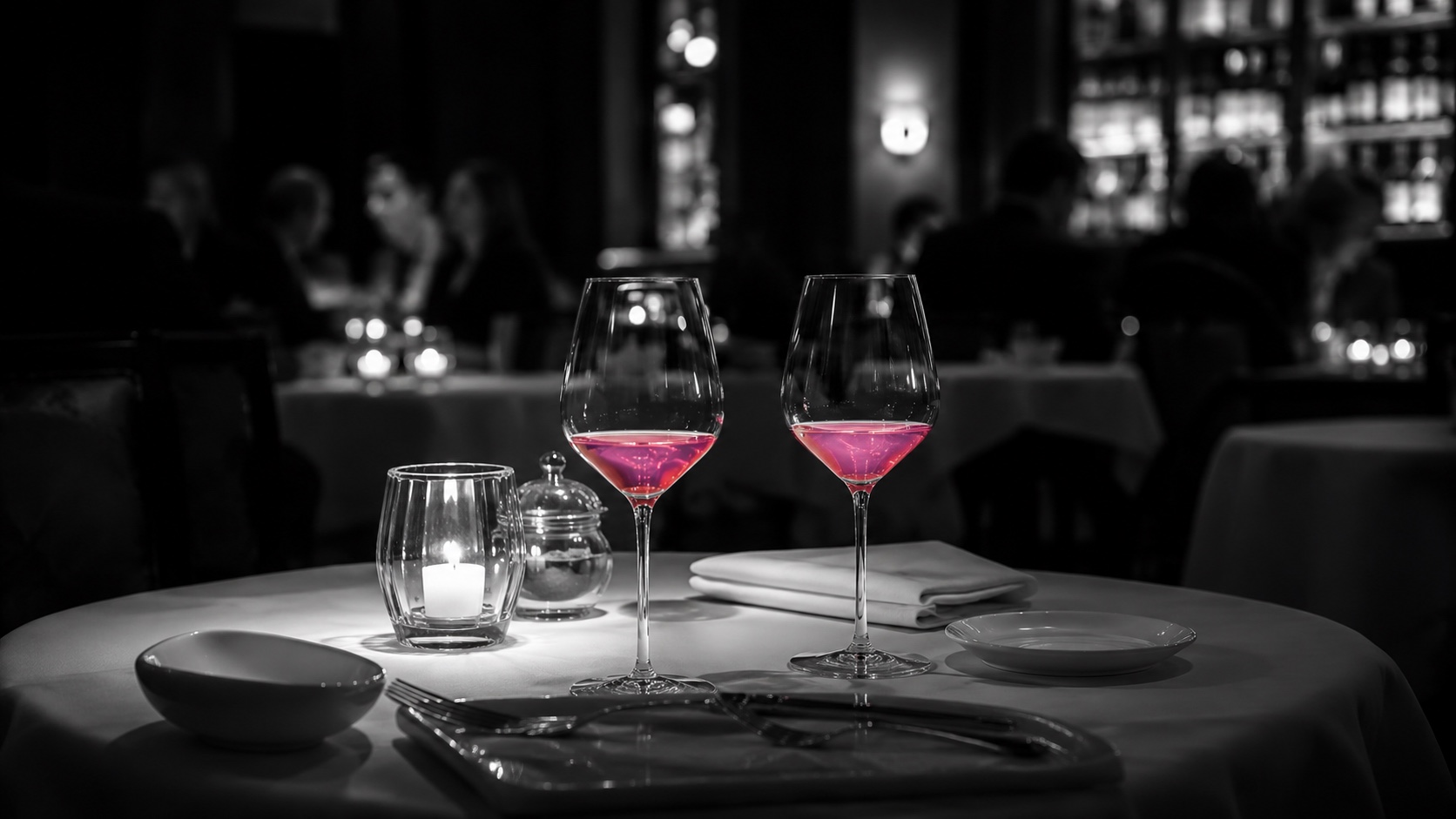Sala di un ristorante al buio di notte, in bianco e nero, i calici di vino brillano di magenta