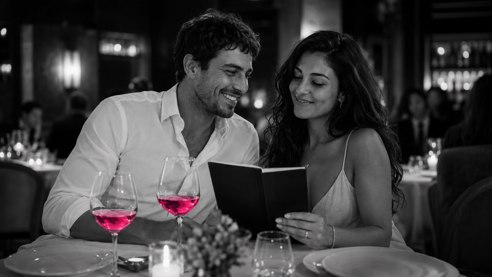 Lui fotografa la carta dei vini con il telefono, il vino che brilla di magenta