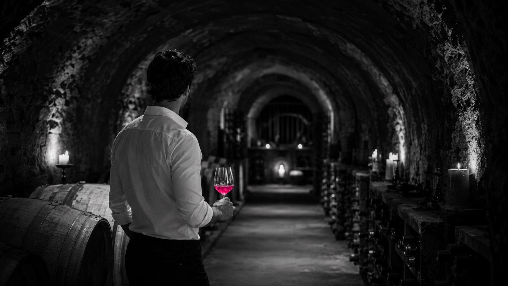 Un uomo entra in una cantina buia con volta in pietra, in bianco e nero, una bottiglia brilla di magenta