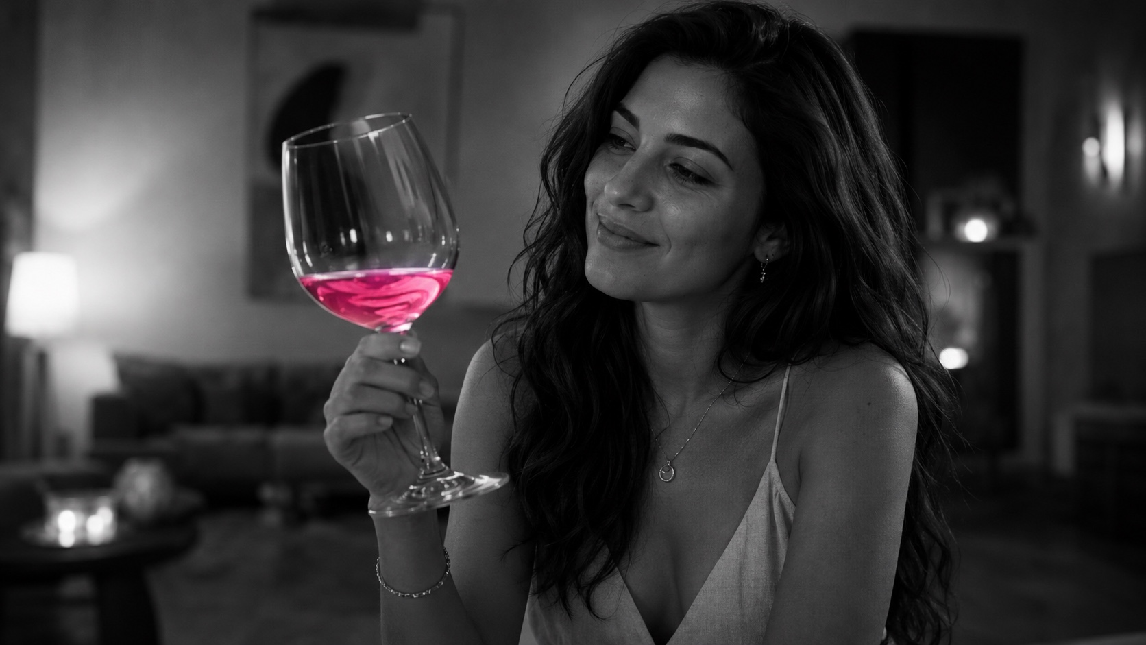 Emma dietro un calice di vino, bianco e nero