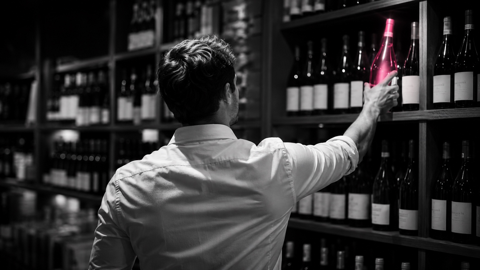 Un uomo allunga la mano verso una bottiglia dai riflessi magenta in un'enoteca al buio, in bianco e nero