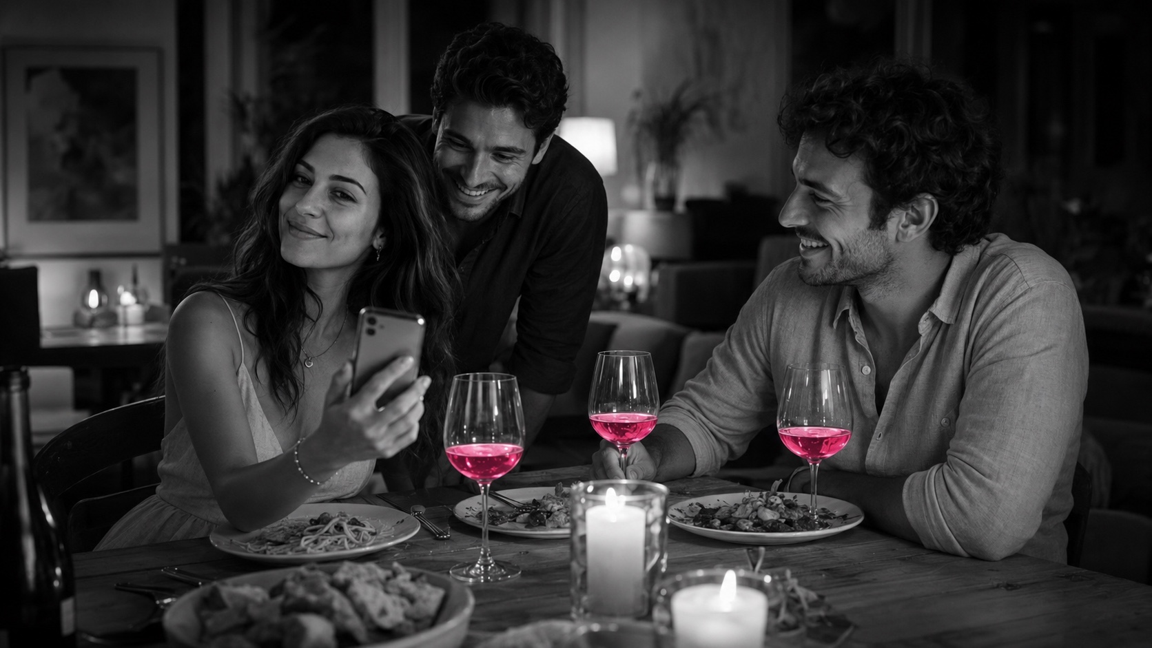 Amici a tavola, una mostra il telefono, bianco e nero