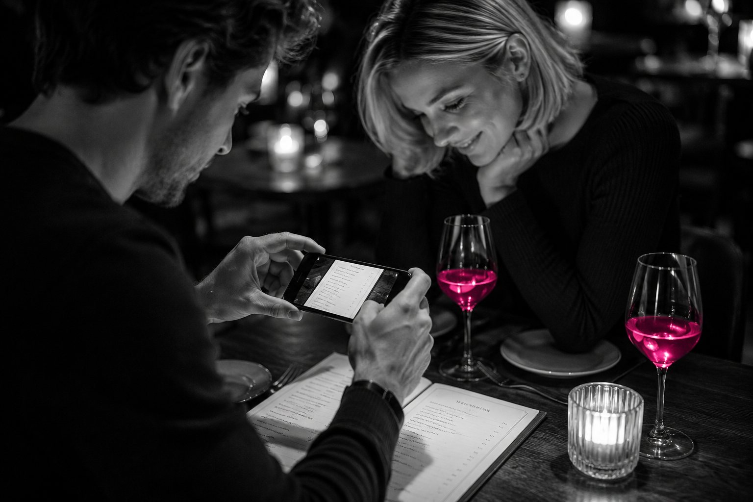 Er fotografiert die Weinkarte mit dem Handy, der Wein leuchtet magenta