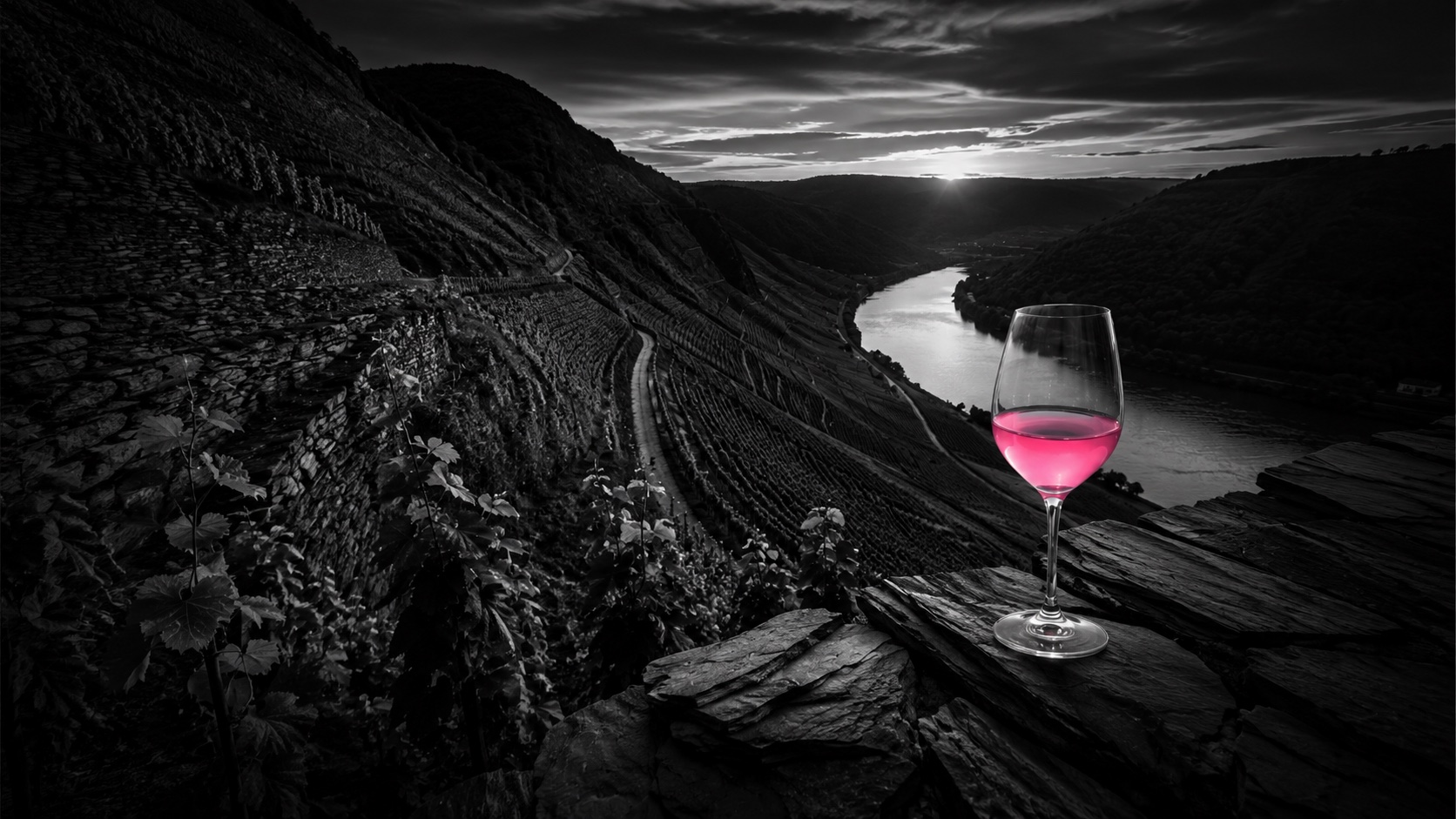 Steile Schiefer-Weinberge an der Mosel, Schwarzweiß, ein Glas Riesling leuchtet magenta