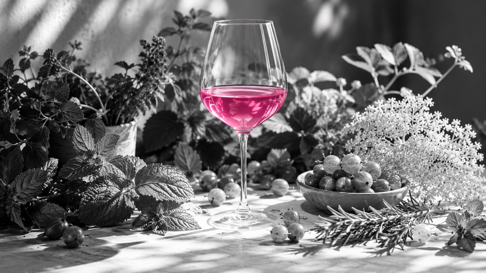 Glas Sauvignon Blanc mit frischen grünen Kräutern, Schwarzweiß, der Wein leuchtet magenta