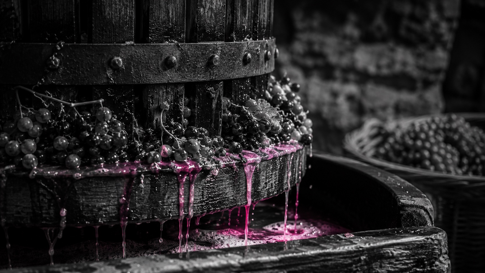 Reife Weintrauben in der Kelter bei der Lese, Schwarzweiß, der Saft leuchtet magenta