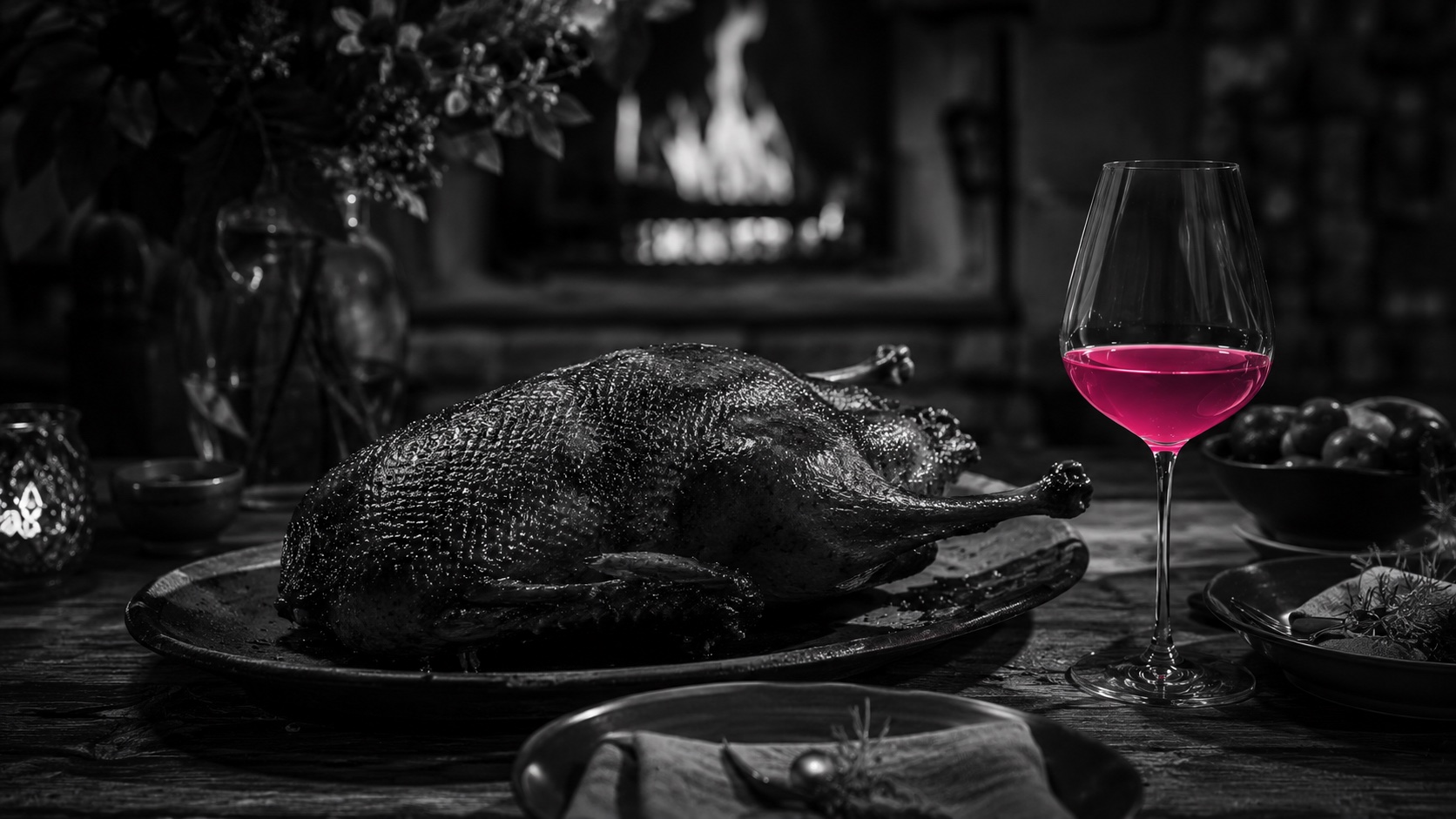 Knusprige gebratene Ente neben einem Glas Rotwein, Schwarzweiß, der Wein leuchtet magenta