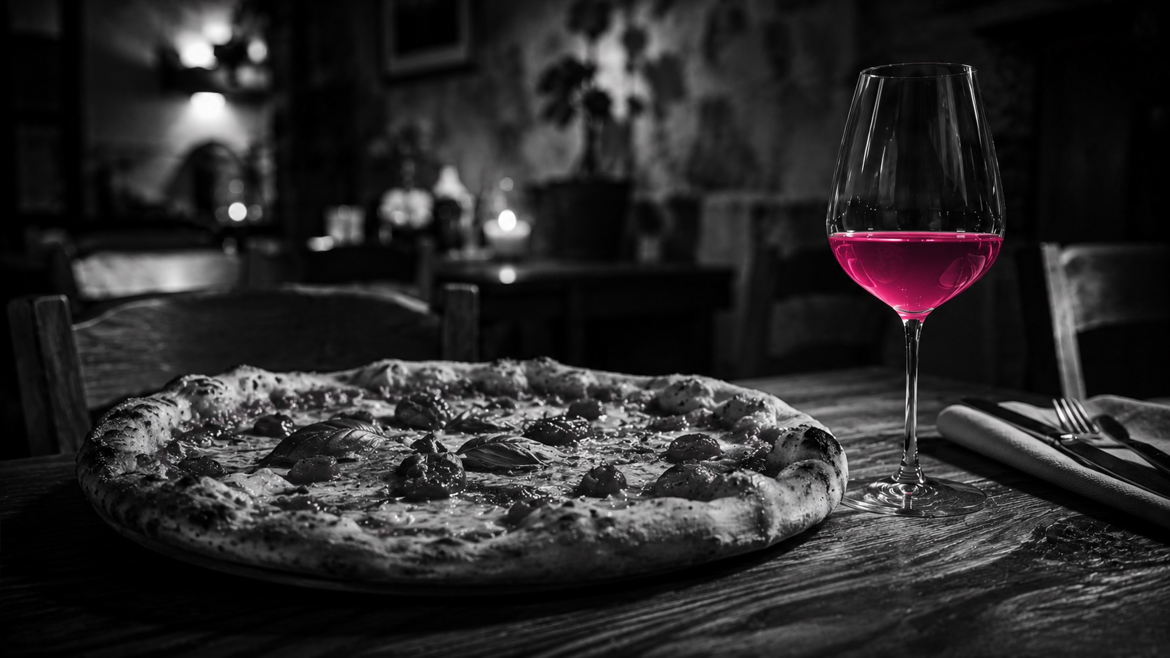 Frisch gebackene Pizza neben einem Glas Rotwein, Schwarzweiß, der Wein leuchtet magenta